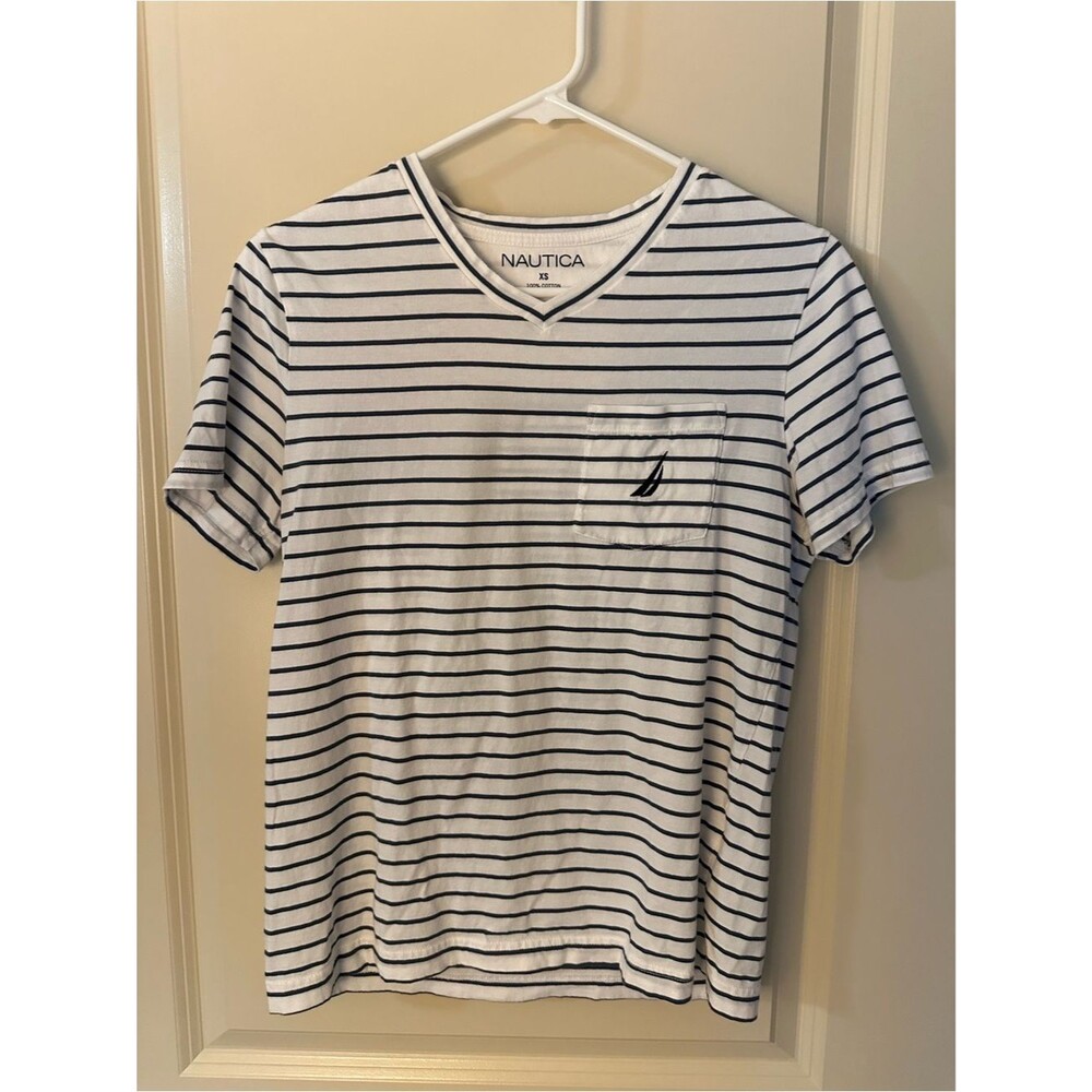 Nautica White and Navy Striped V-Neck Pocket Tee Size XS